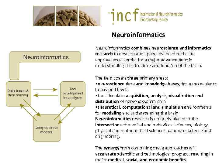 Neuroinformatics combines neuroscience and informatics research to develop and apply advanced tools and approaches