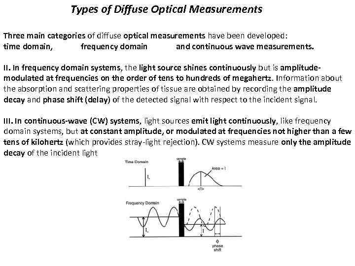 Types of Diffuse Optical Measurements Three main categories of diffuse optical measurements have been