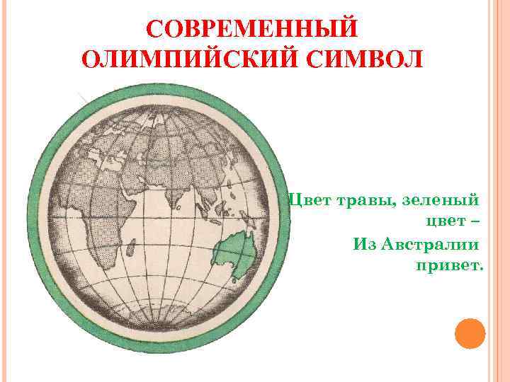 СОВРЕМЕННЫЙ ОЛИМПИЙСКИЙ СИМВОЛ Цвет травы, зеленый цвет – Из Австралии привет. 