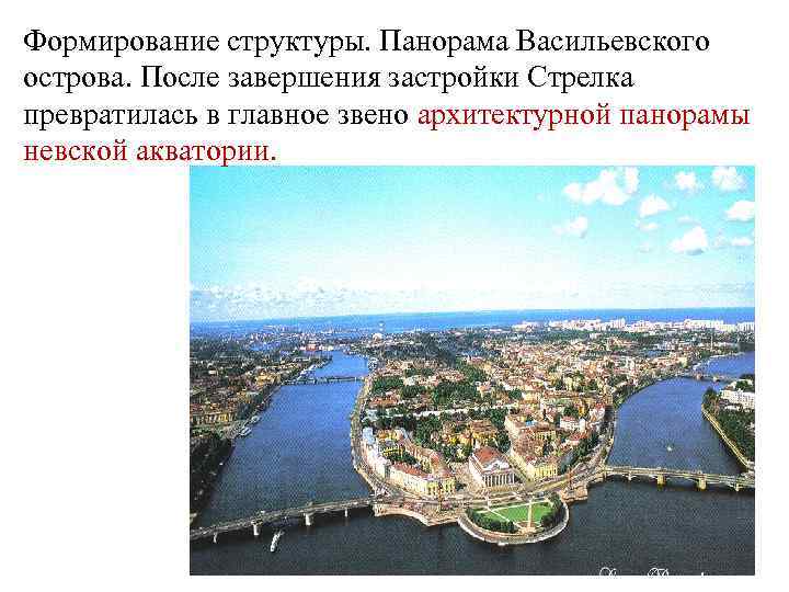 Формирование структуры. Панорама Васильевского острова. После завершения застройки Стрелка превратилась в главное звено архитектурной