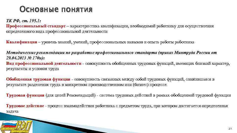 Основные понятия ТК РФ, ст. 195. 1: Профессиональный стандарт – характеристика квалификации, необходимой работнику