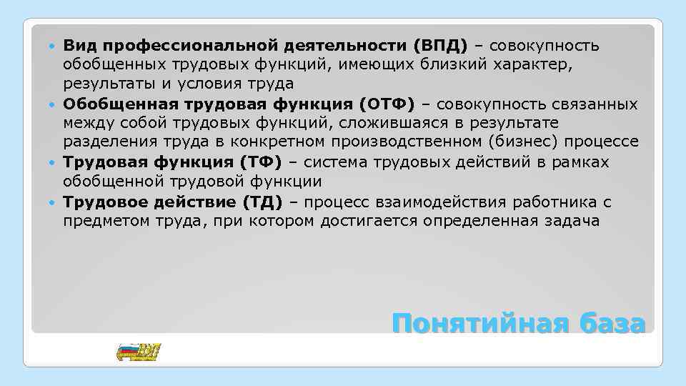 Вид профессиональной деятельности (ВПД) – совокупность обобщенных трудовых функций, имеющих близкий характер, результаты и