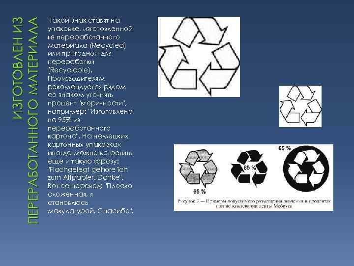 ИЗГОТОВЛЕН ИЗ ПЕРЕРАБОТАННОГО МАТЕРИАЛА Такой знак ставят на упаковке, изготовленной из переработанного материала (Recycled)