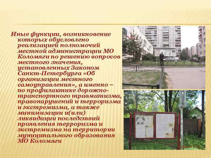 Иные функции, возникновение которых обусловлено реализацией полномочий местной администрации МО Коломяги по решению вопросов