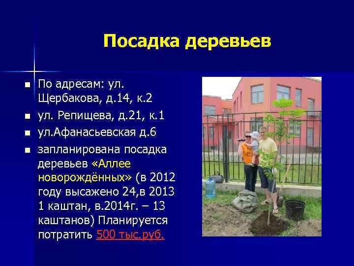 Посадка деревьев n n По адресам: ул. Щербакова, д. 14, к. 2 ул. Репищева,