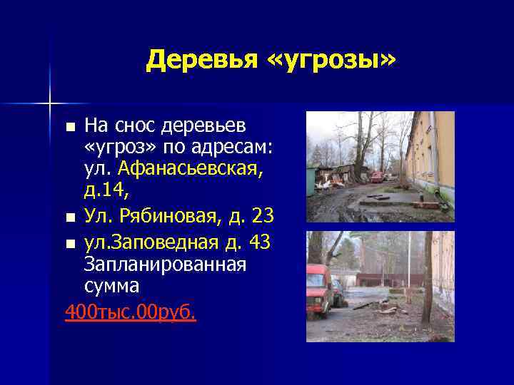 Деревья «угрозы» На снос деревьев «угроз» по адресам: ул. Афанасьевская, д. 14, n Ул.