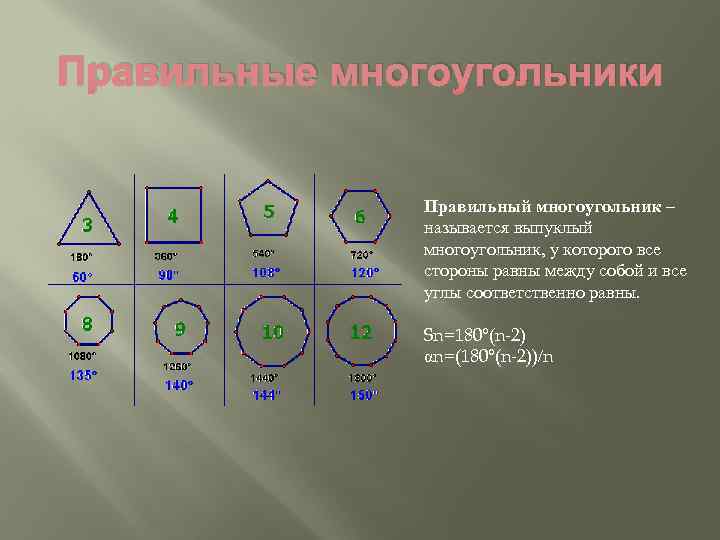 Правильные многоугольники Правильный многоугольник – называется выпуклый многоугольник, у которого все стороны равны между