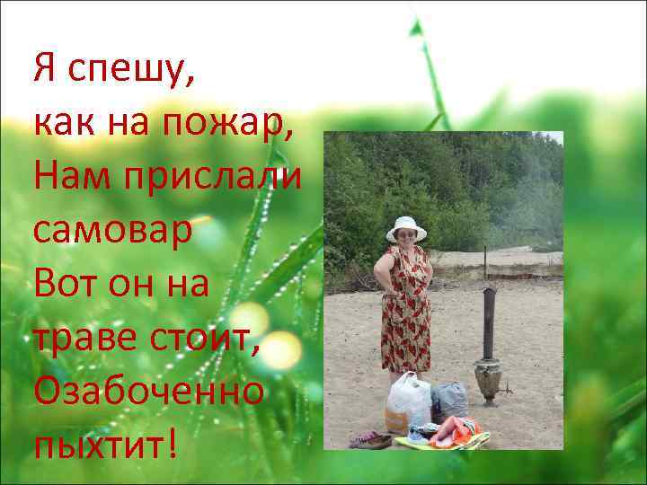 Я спешу, как на пожар, Нам прислали самовар Вот он на траве стоит, Озабоченно