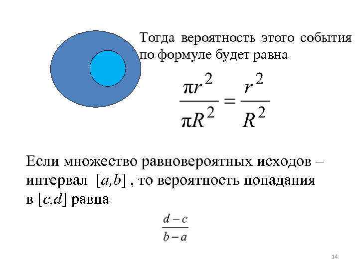 Тогда вероятность этого события по формуле будет равна Если множество равновероятных исходов – интервал