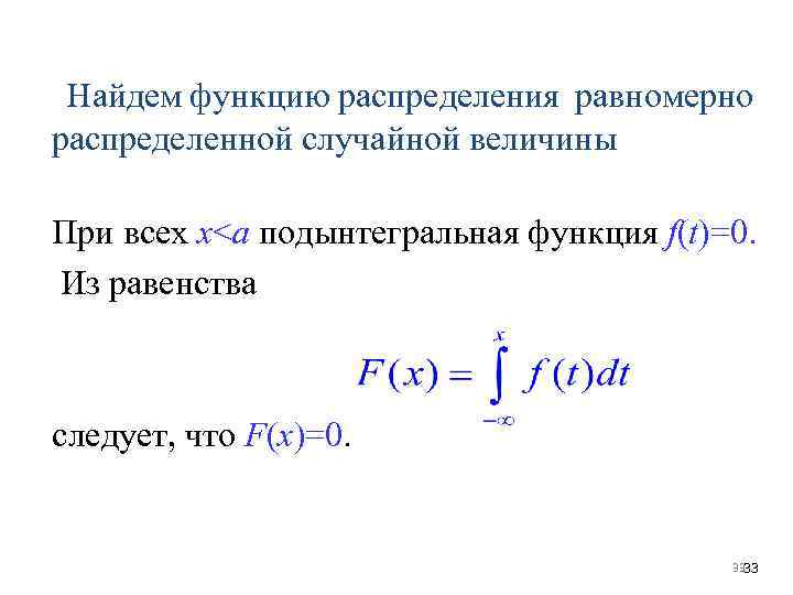 Найдем функцию распределения равномерно распределенной случайной величины При всех x<a подынтегральная функция f(t)=0. Из