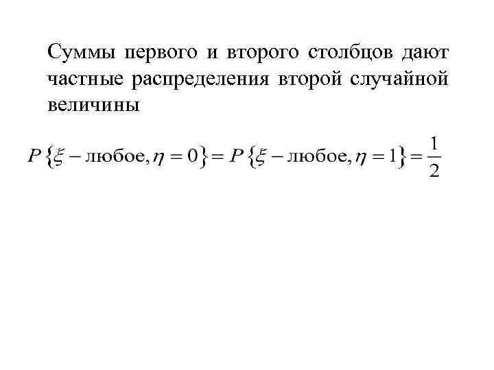 Суммы первого и второго столбцов дают частные распределения второй случайной величины 