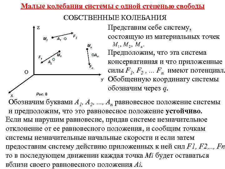 Малые колебания системы с одной степенью свободы z M 2 A 1 СОБСТВЕННЫЕ КОЛЕБАНИЯ