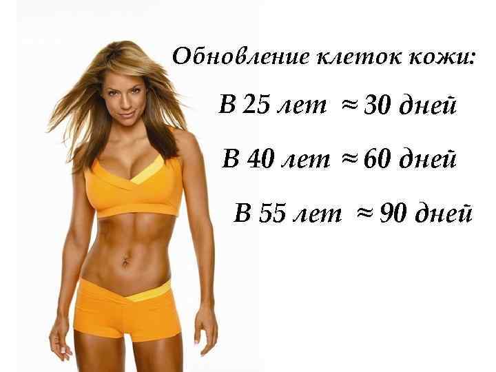 Обновление клеток кожи: В 25 лет ≈ 30 дней В 40 лет ≈ 60