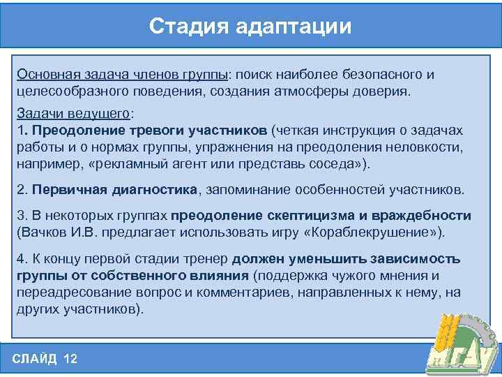 Стадия адаптации Основная задача членов группы: поиск наиболее безопасного и целесообразного поведения, создания атмосферы