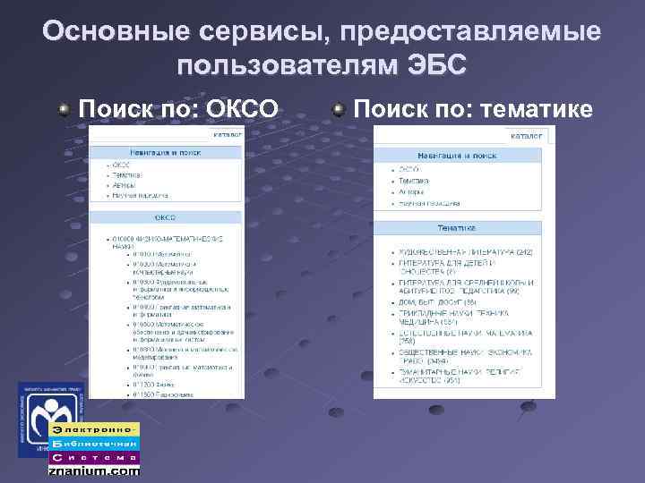 Основные сервисы, предоставляемые пользователям ЭБС Поиск по: ОКСО Поиск по: тематике 