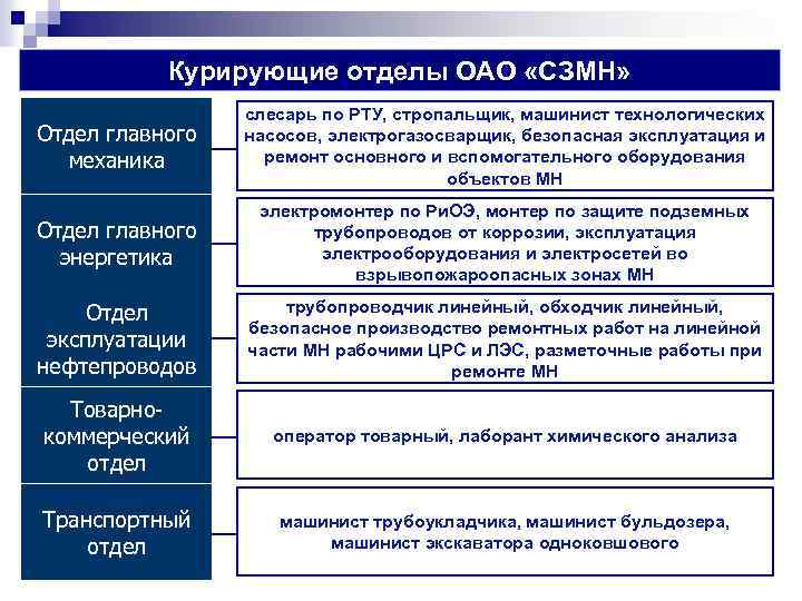 Курирующие отделы ОАО «СЗМН» Отдел главного механика cлесарь по РТУ, стропальщик, машинист технологических насосов,
