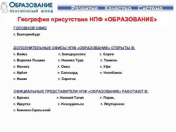 Развитие Качество Система География присутствия НПФ «ОБРАЗОВАНИЕ» ГОЛОВНОЙ ОФИС г. Екатеринбург ДОПОЛНИТЕЛЬНЫЕ ОФИСЫ НПФ
