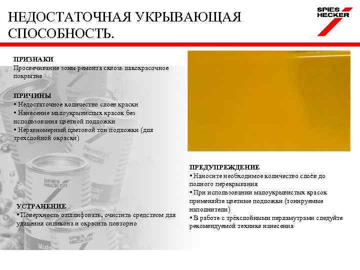 НЕДОСТАТОЧНАЯ УКРЫВАЮЩАЯ СПОСОБНОСТЬ. ПРИЗНАКИ Просвечивание зоны ремонта сквозь лакокрасочное покрытие ПРИЧИНЫ • Недостаточное количество