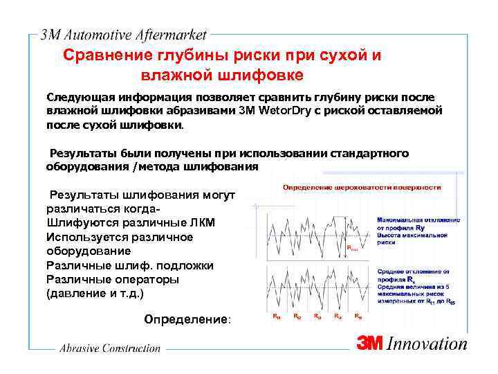 Сравнение глубины риски при сухой и влажной шлифовке Следующая информация позволяет сравнить глубину риски