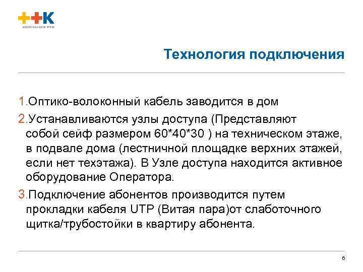 Технология подключения 1. Оптико-волоконный кабель заводится в дом 2. Устанавливаются узлы доступа (Представляют собой
