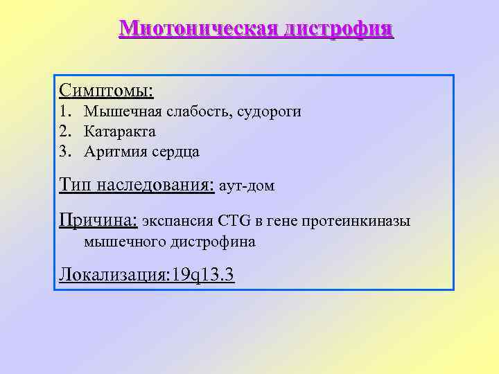 Миотоническая дистрофия Симптомы: 1. Мышечная слабость, судороги 2. Катаракта 3. Аритмия сердца Тип наследования: