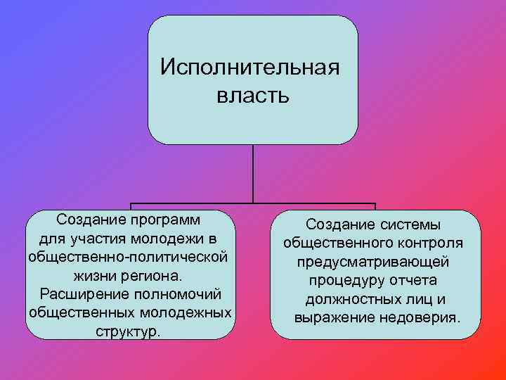 Исполнительная власть Создание программ для участия молодежи в общественно-политической жизни региона. Расширение полномочий общественных