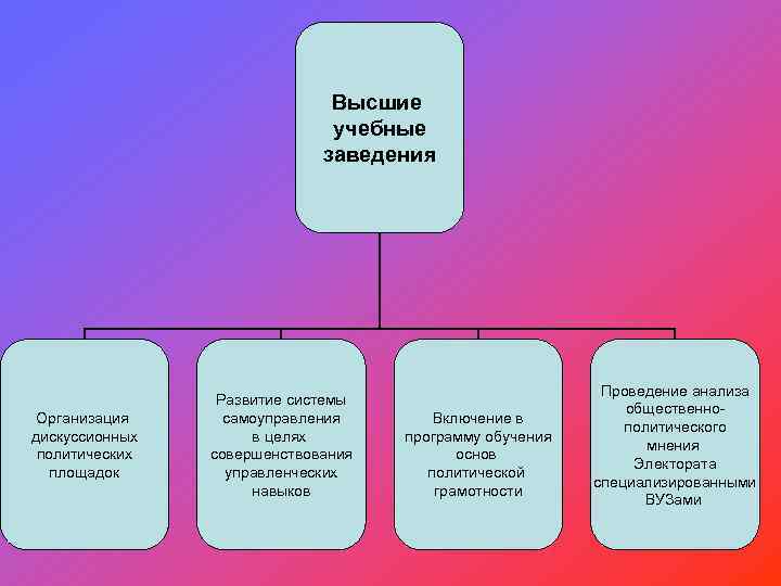 Высшие учебные заведения Организация дискуссионных политических площадок Развитие системы самоуправления в целях совершенствования управленческих