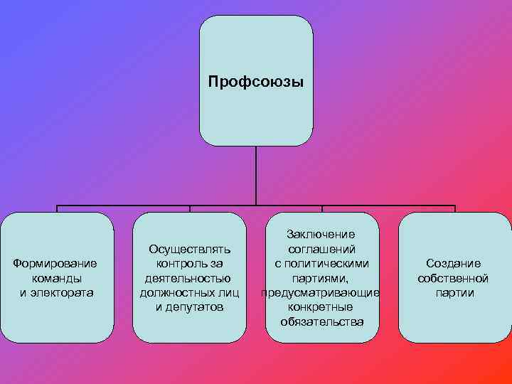 Профсоюзы Формирование команды и электората Осуществлять контроль за деятельностью должностных лиц и депутатов Заключение
