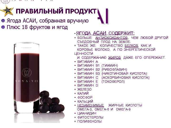 ACAI • ЯГОДА АСАИ СОДЕРЖИТ: • БОЛЬШЕ АНТИОКСИДАНТОВ, ЧЕМ ЛЮБОЙ ДРУГОЙ СЪЕДОБНЫЙ ПЛОД НА