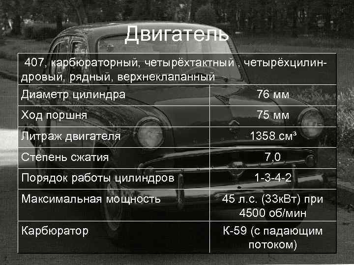 Двигатель 407, карбюраторный, четырёхтактный , четырёхцилиндровый, рядный, верхнеклапанный Диаметр цилиндра 76 мм Ход поршня