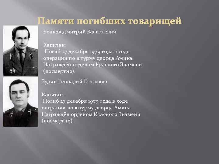 Памяти погибших товарищей Волков Дмитрий Васильевич Капитан. Погиб 27 декабря 1979 года в ходе
