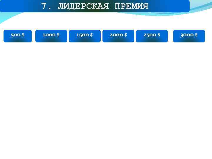 7. ЛИДЕРСКАЯ ПРЕМИЯ 500 $ 1000 $ 1500 $ 2000 $ 2500 $ 3000