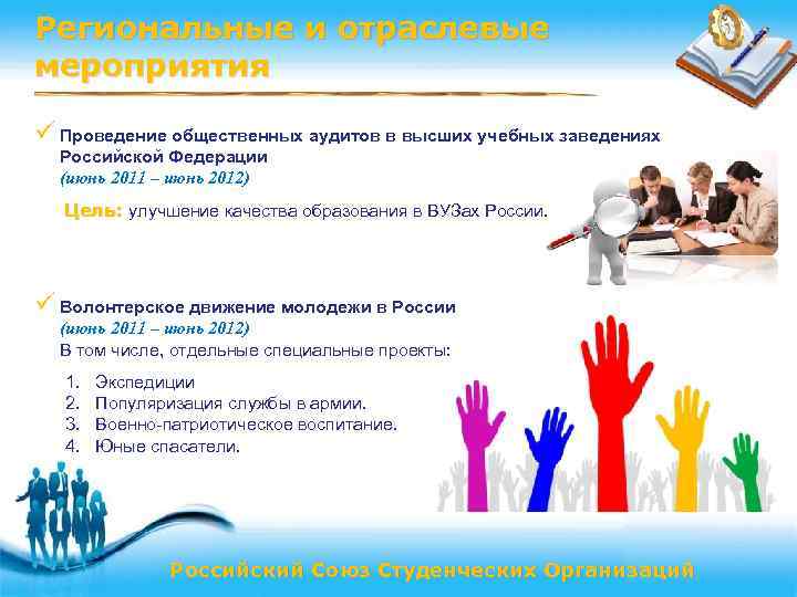 Региональные и отраслевые мероприятия ü Проведение общественных аудитов в высших учебных заведениях Российской Федерации