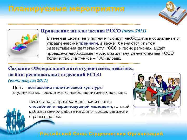 Планируемые мероприятия Проведение школы актива РССО (июль 2011) В течение школы ее участники пройдут