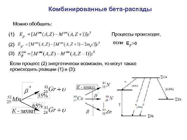 Комбинированные бета-распады Можно обобщить: (1) Процессы происходят, (2) если Е >0 (3) Если процесс
