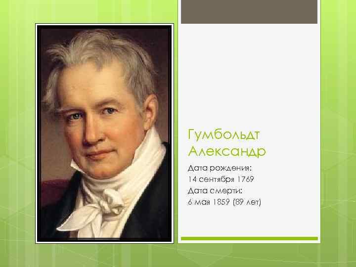 Гумбольдт Александр Дата рождения: 14 сентября 1769 Дата смерти: 6 мая 1859 (89 лет)