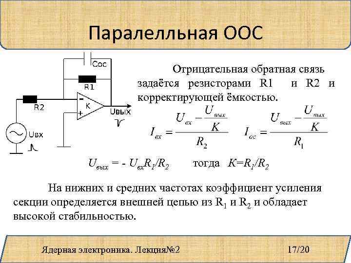 Паралелльная ООС Отрицательная обратная связь задаётся резисторами R 1 и R 2 и корректирующей