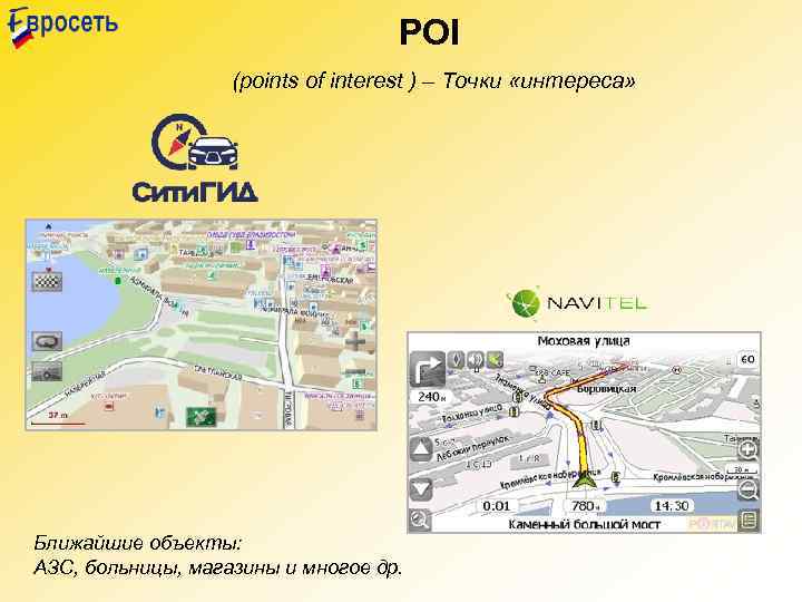 POI (points of interest ) – Точки «интереса» Ближайшие объекты: АЗС, больницы, магазины и
