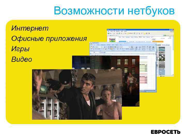 Возможности нетбуков Интернет Офисные приложения Игры Видео 
