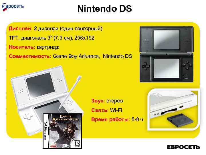 Nintendo DS Дисплей: 2 дисплея (один сенсорный) TFT, диагональ 3” (7, 5 см), 256