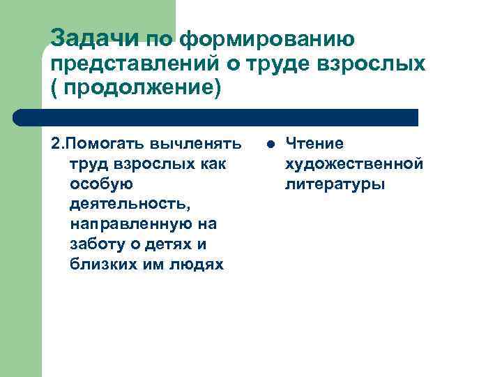 Задачи по формированию представлений о труде взрослых ( продолжение) 2. Помогать вычленять труд взрослых