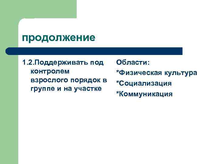 продолжение 1. 2. Поддерживать под контролем взрослого порядок в группе и на участке Области: