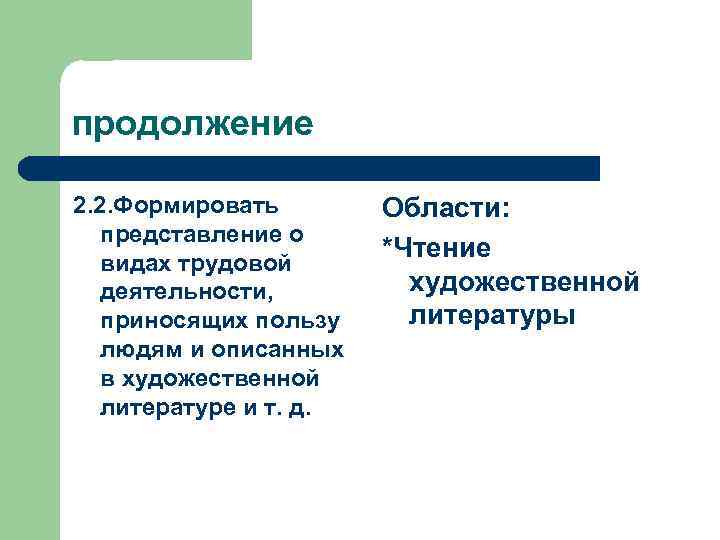 продолжение 2. 2. Формировать представление о видах трудовой деятельности, приносящих пользу людям и описанных