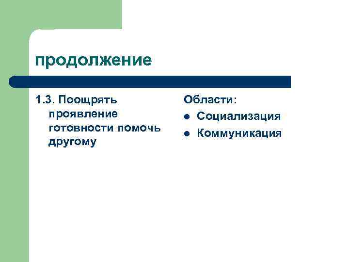 продолжение 1. 3. Поощрять проявление готовности помочь другому Области: l Социализация l Коммуникация 