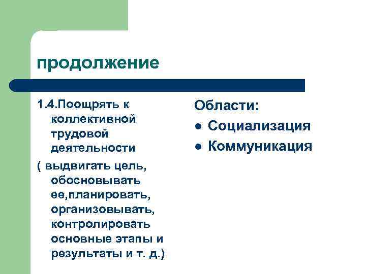 продолжение 1. 4. Поощрять к коллективной трудовой деятельности ( выдвигать цель, обосновывать ее, планировать,