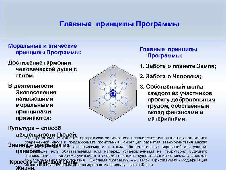 Главные принципы Программы Моральные и этические принципы Программы: Достижение гармонии человеческой души с телом.