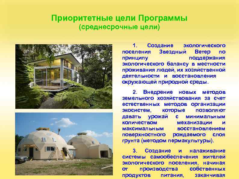 Приоритетные цели Программы (среднесрочные цели) 1. Создание экологического поселения Звездный Ветер по принципу поддержания