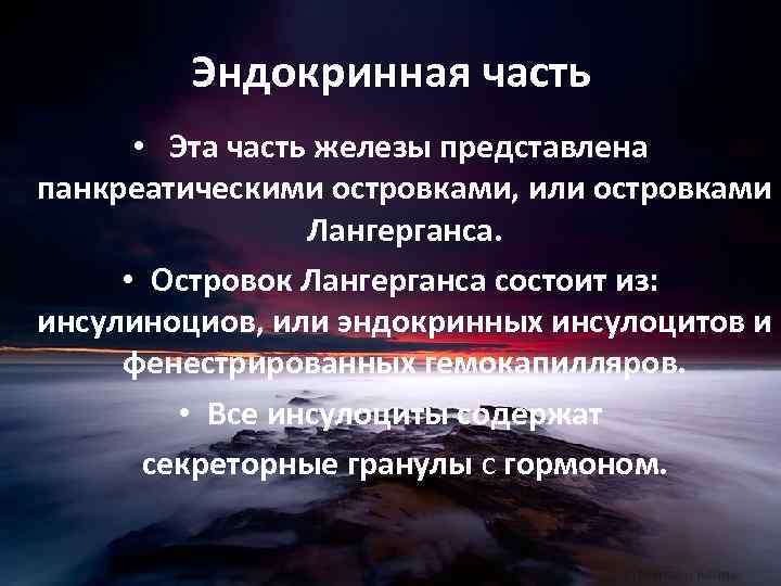 Эндокринная часть • Эта часть железы представлена панкреатическими островками, или островками Лангерганса. • Островок