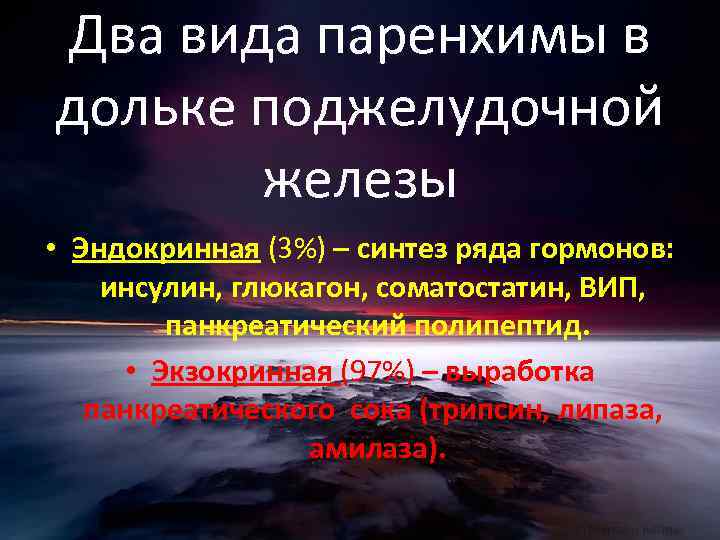 Два вида паренхимы в дольке поджелудочной железы • Эндокринная (3%) – синтез ряда гормонов: