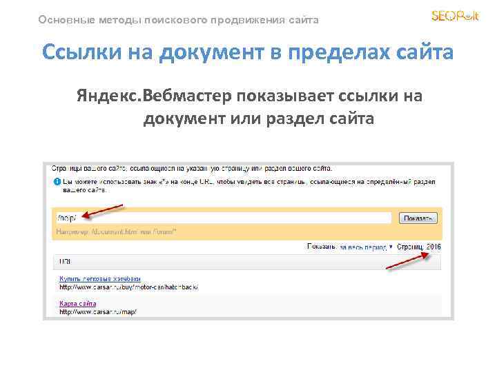 Основные методы поискового продвижения сайта Ссылки на документ в пределах сайта Яндекс. Вебмастер показывает